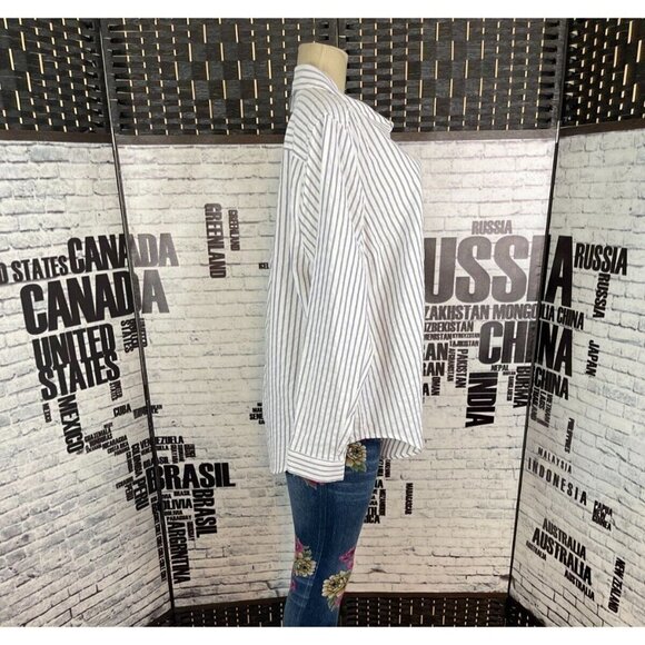 Torrid 1 Vanilla Slate Blue Vertical Striped Button Collar Long Sleeve Shirt - Picture 4 of 5